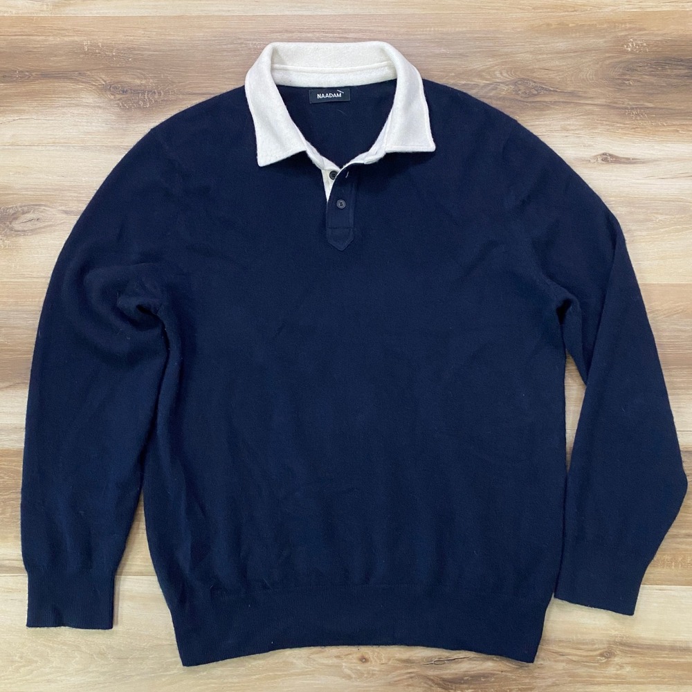 NAADAM Rugby Polo Sweater Size M Cashmere Long Sleeve Navy Blue White Collar